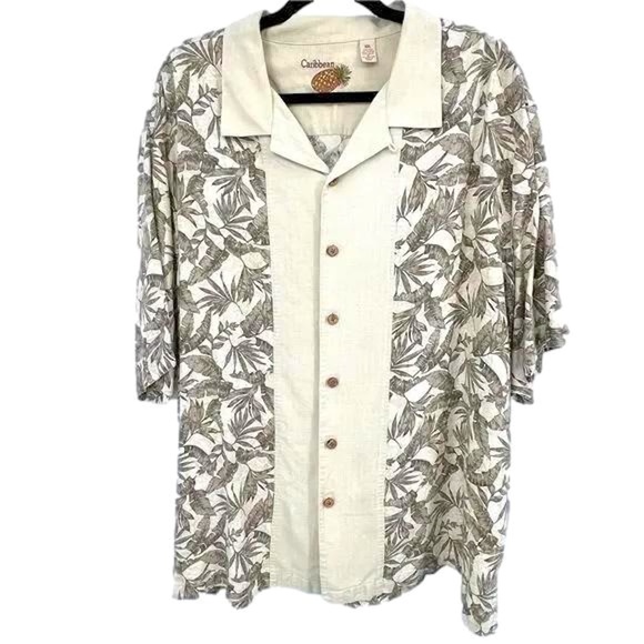 Caribbean Silk Blend Shirt Men's XXL Tropical Button-Up Resortwear Leaf Print - Picture 1 of 7